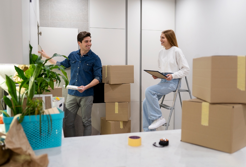 Happy couple unpacking cardboard boxes in their new kitchen